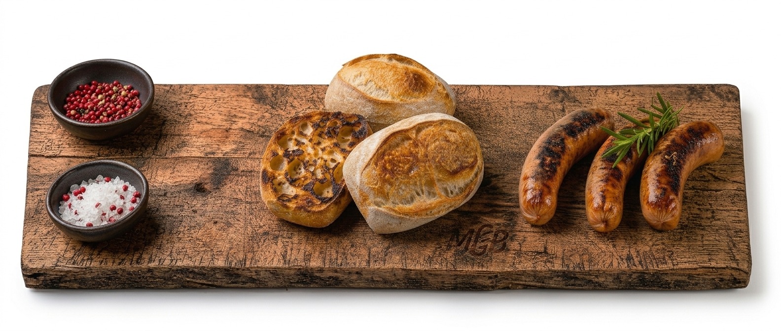 Goldkrusti MGB brötchen mit lecker Roster auf einem Holzbrett
